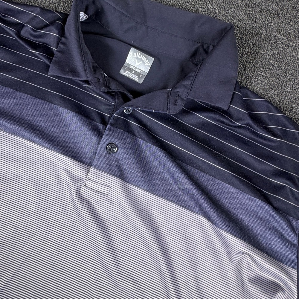 Callaway Polo Mens L Opti-Dri Navy Blue Striped EUC